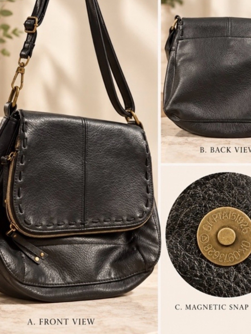Black Vegan Leather-Look Crossbody Bag 12x10x3